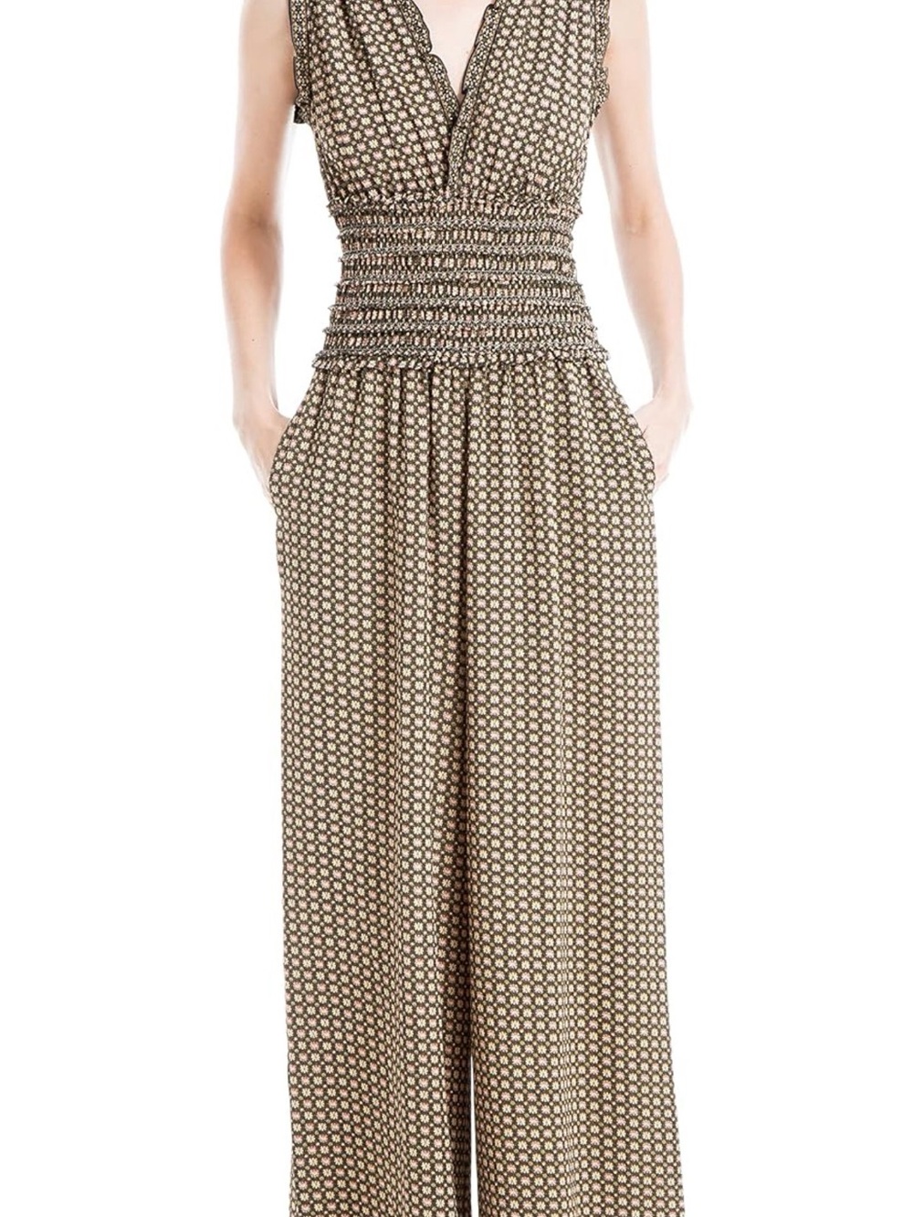 Max Studio Geo Sleeveless V-Neck Smocked-Waist Jumpsuit